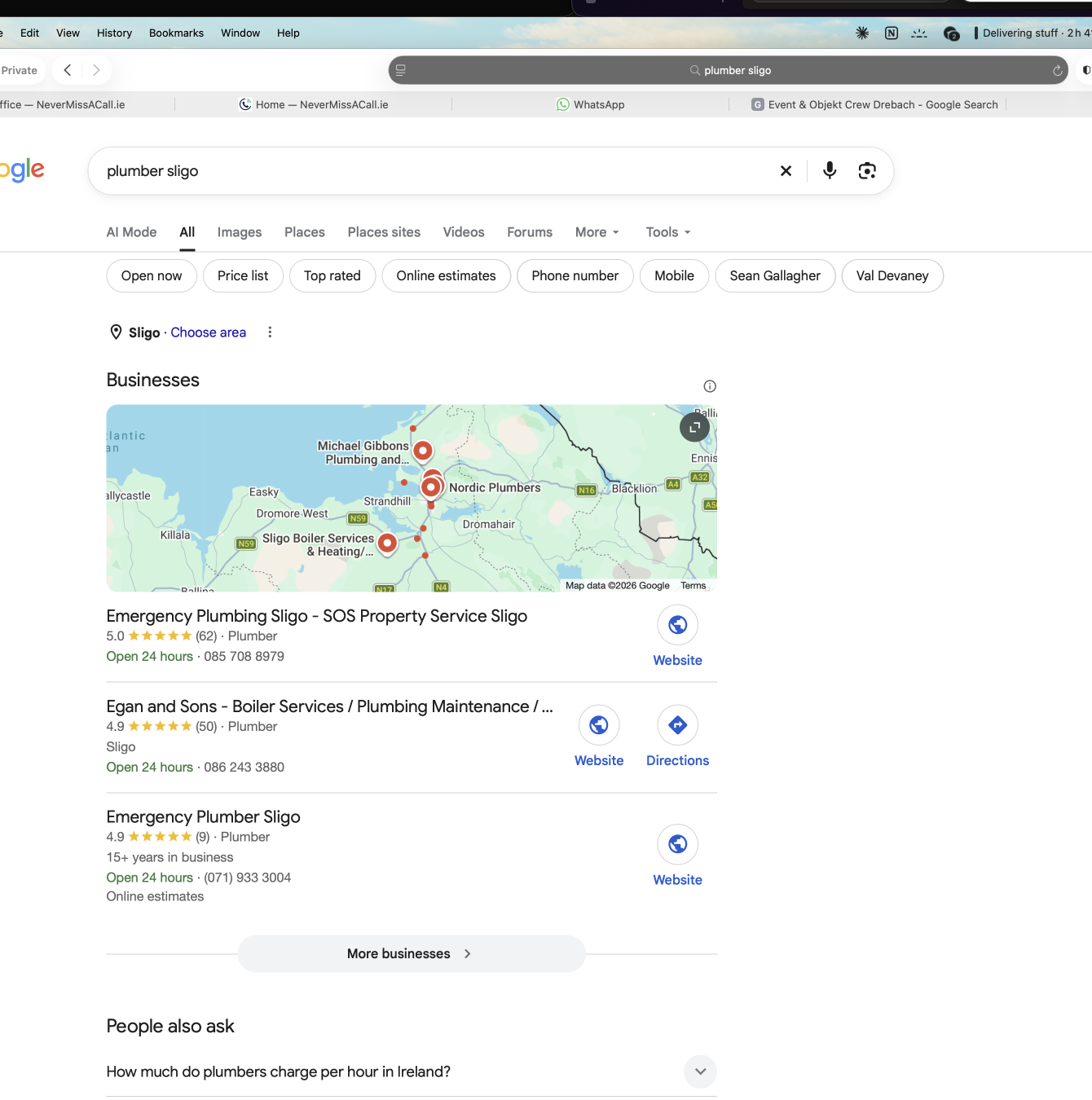 Google results for “plumber sligo”, showing Emergency Plumbing Sligo — SOS Property Service first in the businesses block with a 5.0 rating from 62 reviews.